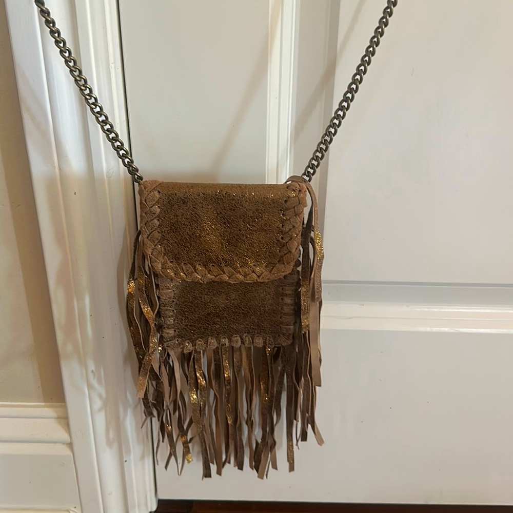 Crossbody, bronze, fringe purse